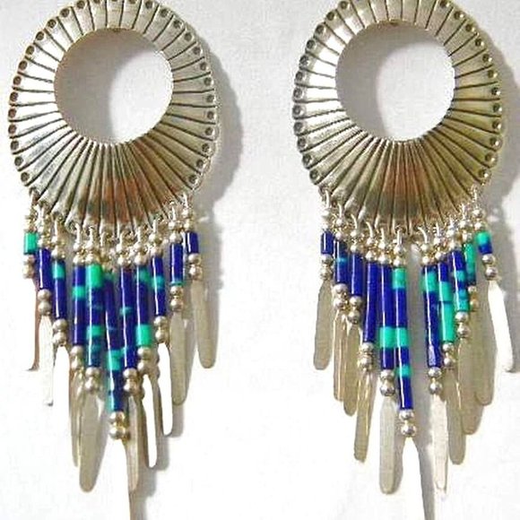 Q.T Turquoise Lapis sterling silver large earrings Navajo Native 29mm x 75mm - Picture 3 of 3